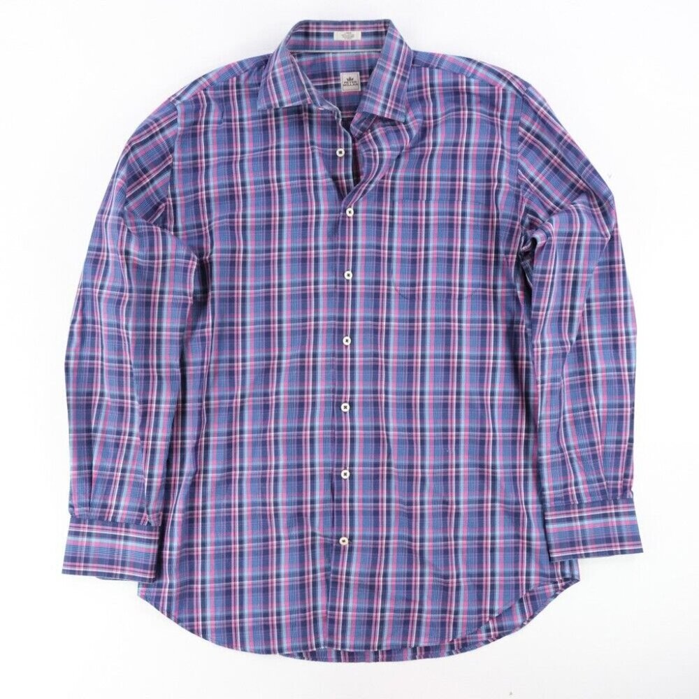 Peter Millar Men Button-Up Shirt L Purple Check Long Sleeve Dress Shirt Casual